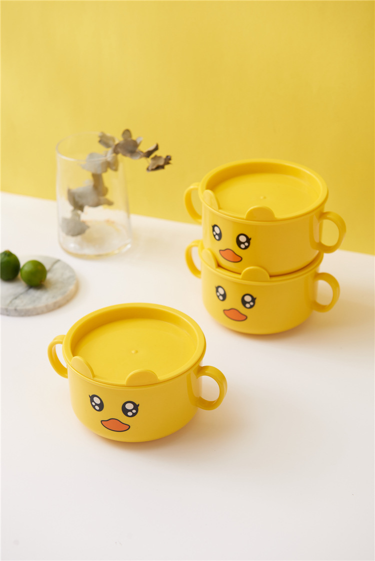 Household Small Yellow Duck Children's Tableware Set Cute Cartoon Grid Drop-Resistant Plate Spork Combination