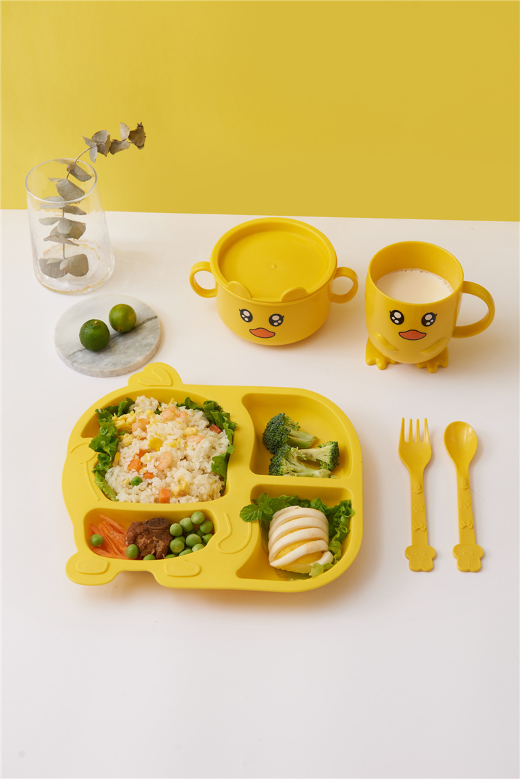 Household Small Yellow Duck Children's Tableware Set Cute Cartoon Grid Drop-Resistant Plate Spork Combination