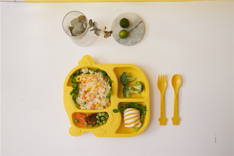 Household Small Yellow Duck Children's Tableware Set Cute Cartoon Grid Drop-Resistant Plate Spork Combination