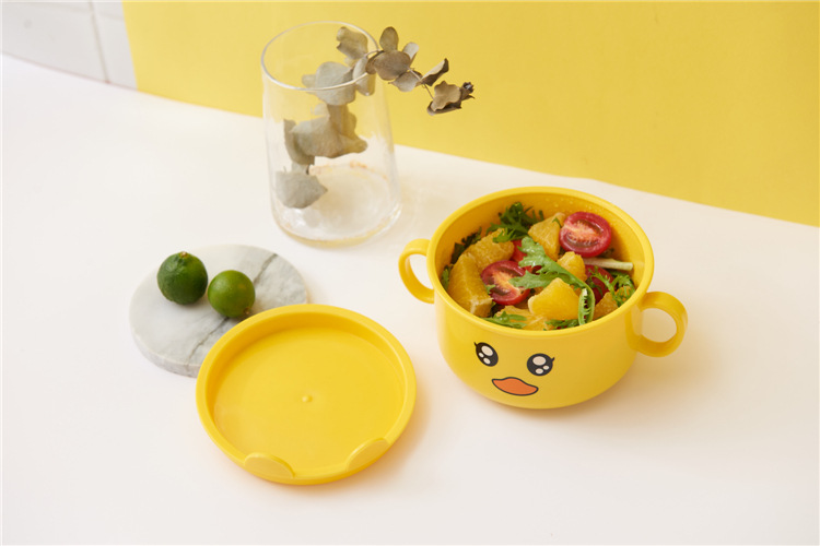 Household Small Yellow Duck Children's Tableware Set Cute Cartoon Grid Drop-Resistant Plate Spork Combination
