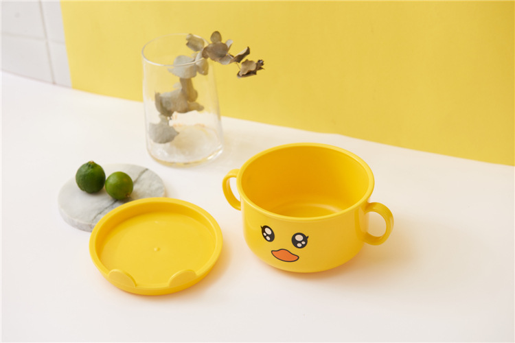 Household Small Yellow Duck Children's Tableware Set Cute Cartoon Grid Drop-Resistant Plate Spork Combination