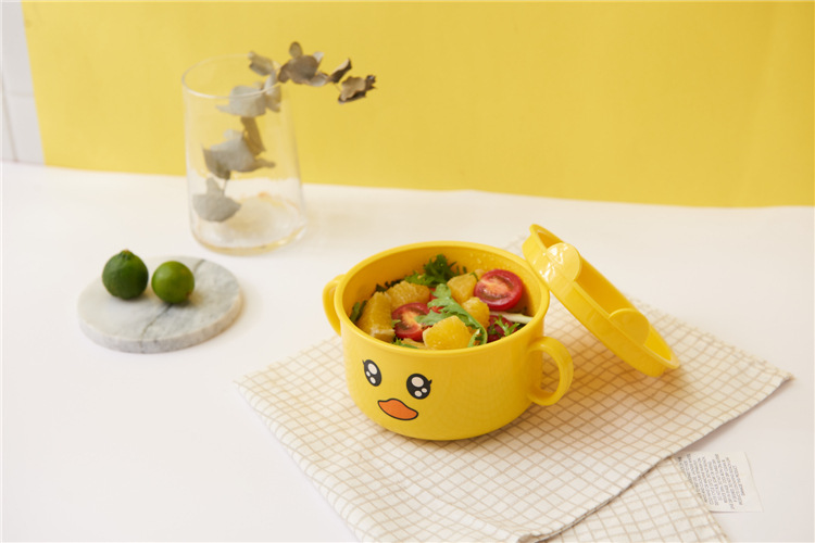 Household Small Yellow Duck Children's Tableware Set Cute Cartoon Grid Drop-Resistant Plate Spork Combination