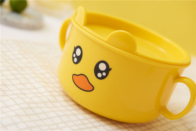 Household Small Yellow Duck Children's Tableware Set Cute Cartoon Grid Drop-Resistant Plate Spork Combination