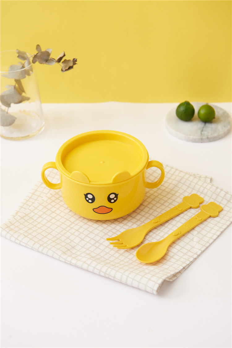 Household Small Yellow Duck Children's Tableware Set Cute Cartoon Grid Drop-Resistant Plate Spork Combination