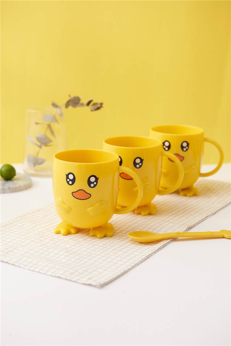 Household Small Yellow Duck Children's Tableware Set Cute Cartoon Grid Drop-Resistant Plate Spork Combination