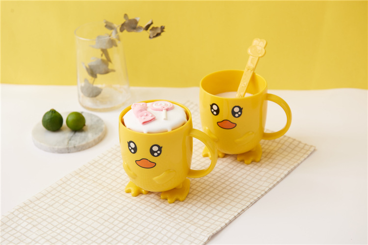 Household Small Yellow Duck Children's Tableware Set Cute Cartoon Grid Drop-Resistant Plate Spork Combination