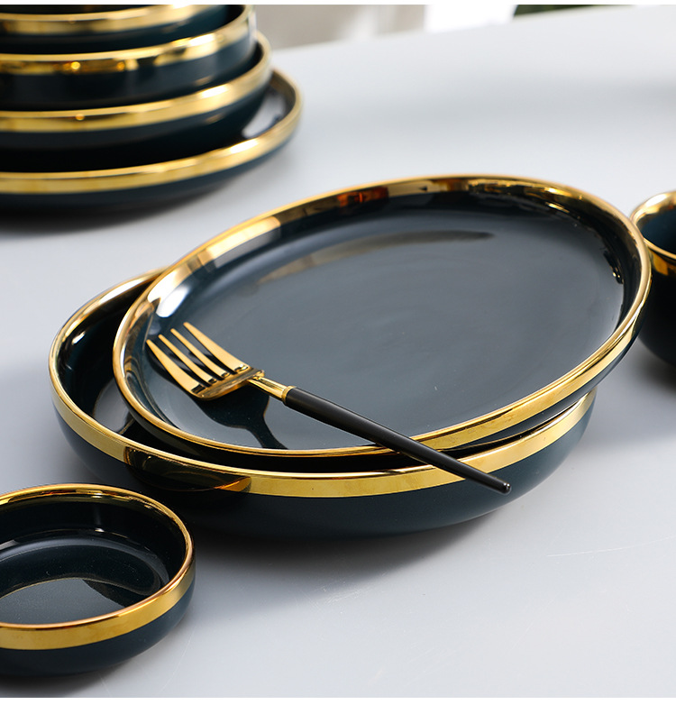Nordic Internet Celebrity Tableware Set Ceramic Bowl Dish Plate Golden Edge Green Household Rice Bowl Factory Direct Sales Nordic Internet Celebrity Tableware Set Ceramic Bowl Dish Plate Golden Edge Green Household Rice Bowl Factory Direct Sales