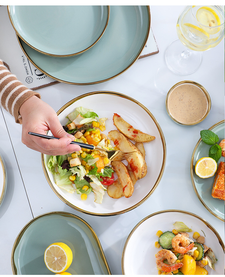 Nordic Internet Celebrity Tableware Set Ceramic Bowl Dish Plate Golden Edge Green Household Rice Bowl Factory Direct Sales Nordic Internet Celebrity Tableware Set Ceramic Bowl Dish Plate Golden Edge Green Household Rice Bowl Factory Direct Sales
