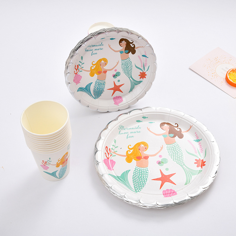 Disposable tableware creative mermaid paper cup paper plate birthday Party round paper plate wholesale