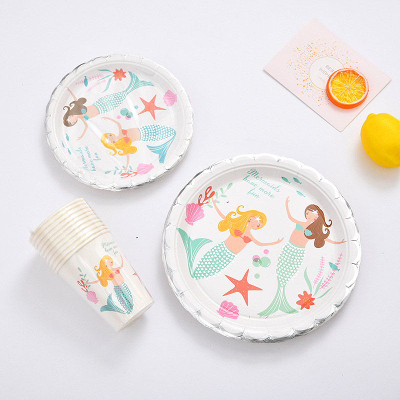 Disposable tableware creative mermaid paper cup paper plate birthday Party round paper plate wholesale Disposable tableware creative mermaid paper cup paper plate birthday Party round paper plate wholesale