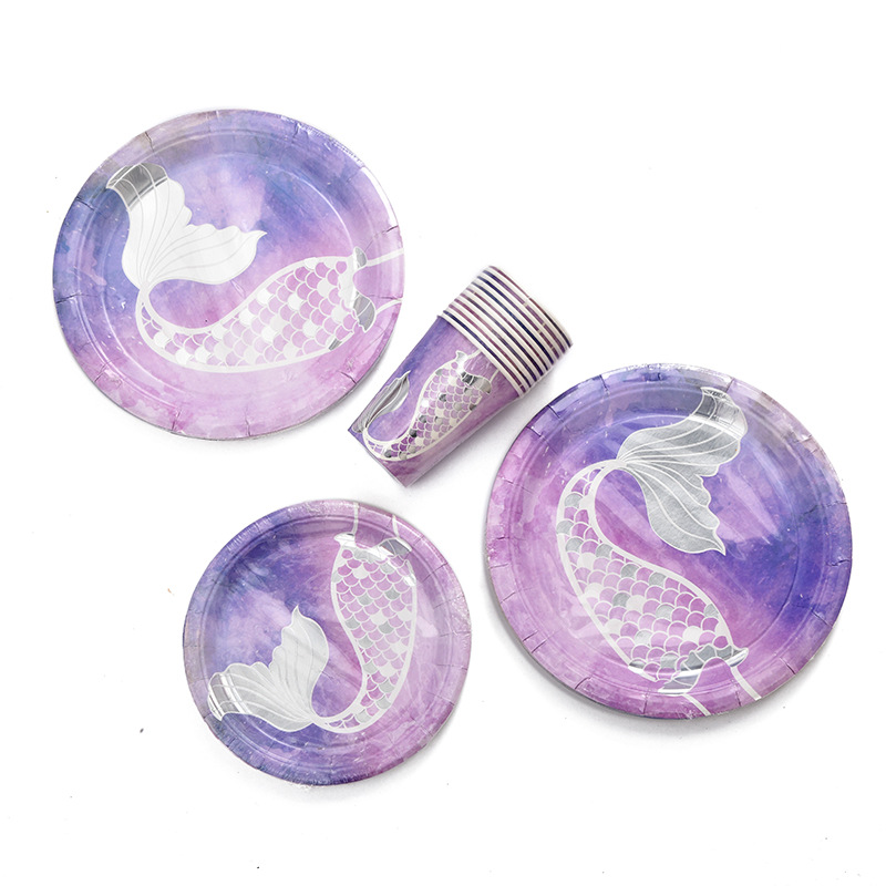 Disposable tableware creative mermaid paper cup paper plate birthday Party round paper plate wholesale Disposable tableware creative mermaid paper cup paper plate birthday Party round paper plate wholesale