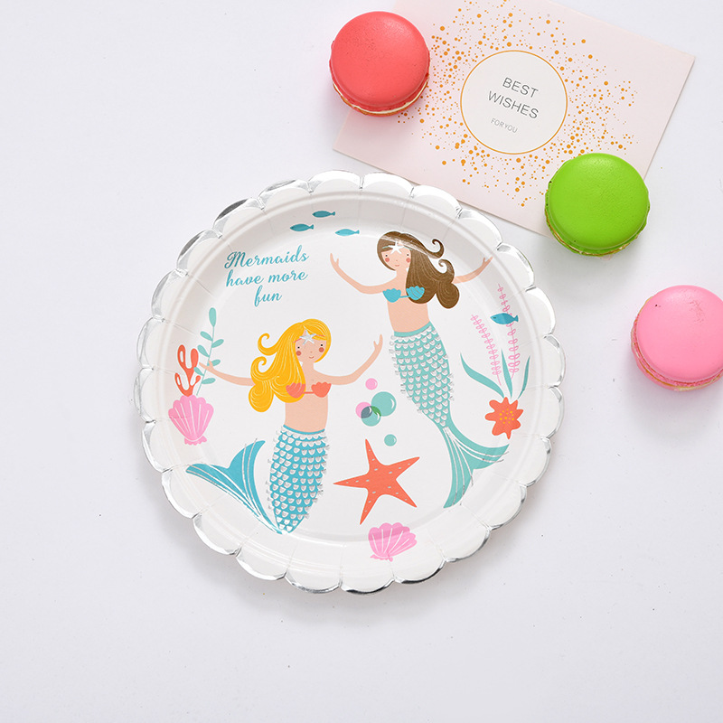 Disposable tableware creative mermaid paper cup paper plate birthday Party round paper plate wholesale Disposable tableware creative mermaid paper cup paper plate birthday Party round paper plate wholesale