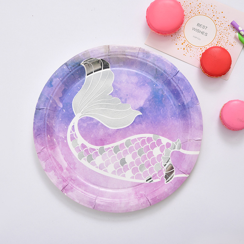 Disposable tableware creative mermaid paper cup paper plate birthday Party round paper plate wholesale Disposable tableware creative mermaid paper cup paper plate birthday Party round paper plate wholesale