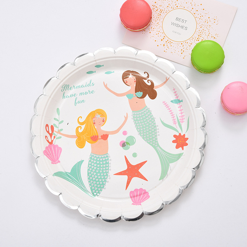 Disposable tableware creative mermaid paper cup paper plate birthday Party round paper plate wholesale Disposable tableware creative mermaid paper cup paper plate birthday Party round paper plate wholesale