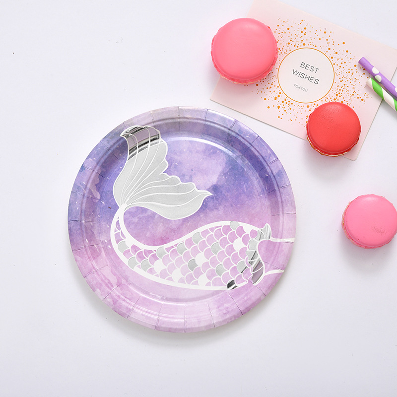 Disposable tableware creative mermaid paper cup paper plate birthday Party round paper plate wholesale Disposable tableware creative mermaid paper cup paper plate birthday Party round paper plate wholesale