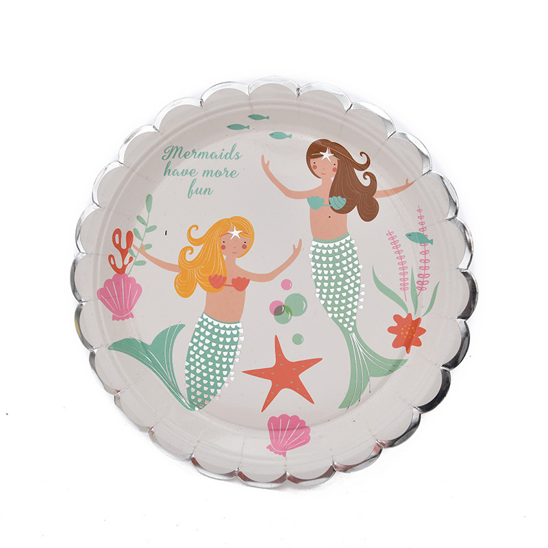 Disposable tableware creative mermaid paper cup paper plate birthday Party round paper plate wholesale Disposable tableware creative mermaid paper cup paper plate birthday Party round paper plate wholesale