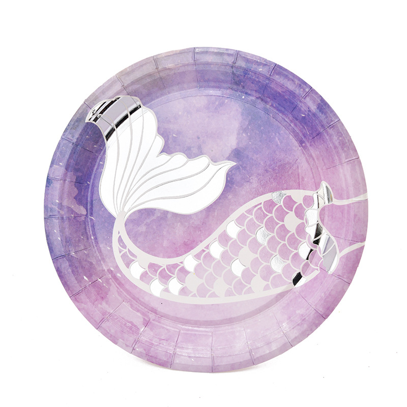 Disposable tableware creative mermaid paper cup paper plate birthday Party round paper plate wholesale Disposable tableware creative mermaid paper cup paper plate birthday Party round paper plate wholesale