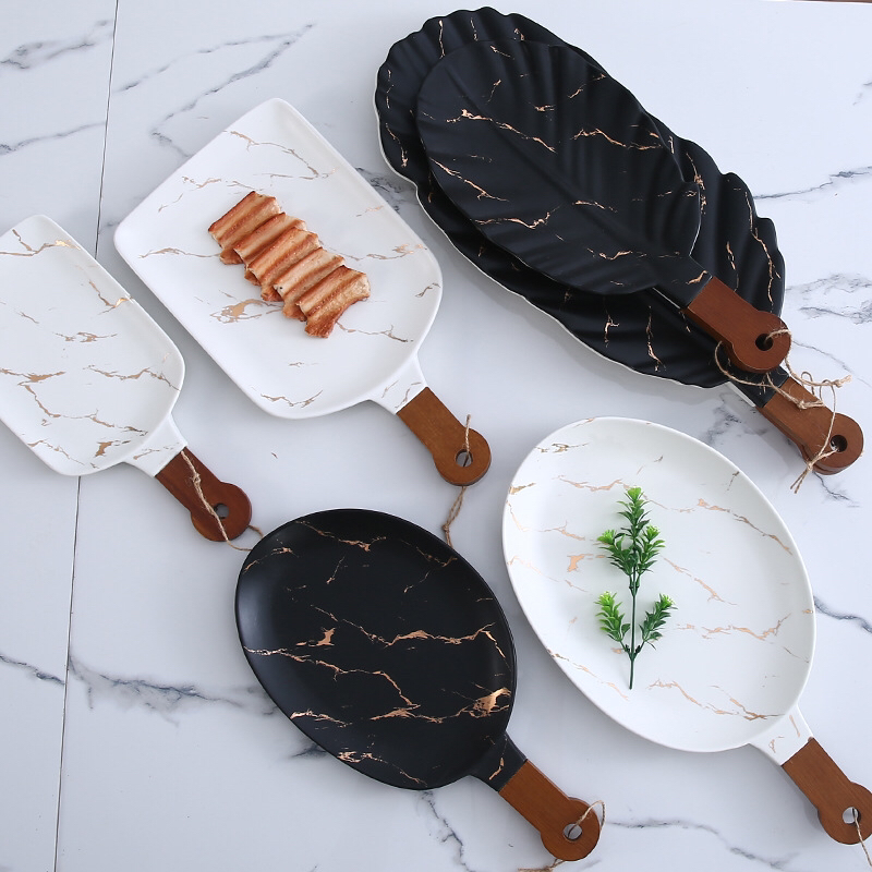 Ceramic Tableware Stone Pattern Nordic Simple Creative Plate Western Plate Daily Necessities Gift Bamboo Wooden Handle Black and White Ceramic Tableware Stone Pattern Nordic Simple Creative Plate Western Plate Daily Necessities Gift Bamboo Wooden Handle Black and White