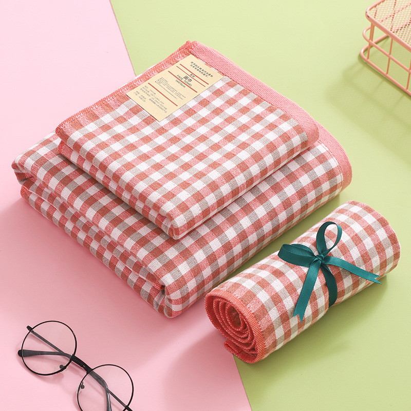 Yiwu Good Goods Pure Cotton One Side Gauze One Side Terry Small Plaid Bath Towel Daily Necessities Big Towel Gift Bath Towel