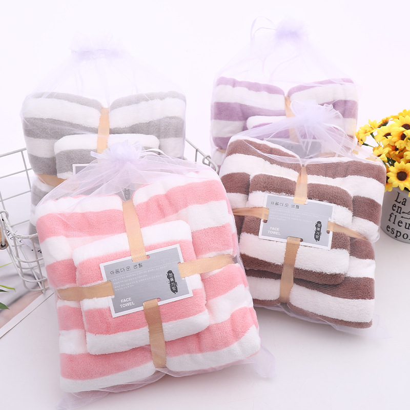 Cationic Towels Coral Fleece Thickened Absorbent Wide Striped Child and Mother Covers Custom Logo Present Towel