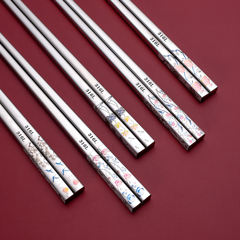 304 Stainless Steel Chopsticks Public Chopsticks Household Long Square-Headed Chopsticks Chinese Color Laser Chopsticks National Trendy Style Chopsticks Gift