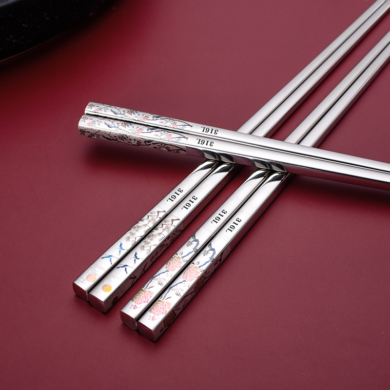304 Stainless Steel Chopsticks Public Chopsticks Household Long Square-Headed Chopsticks Chinese Color Laser Chopsticks National Trendy Style Chopsticks Gift