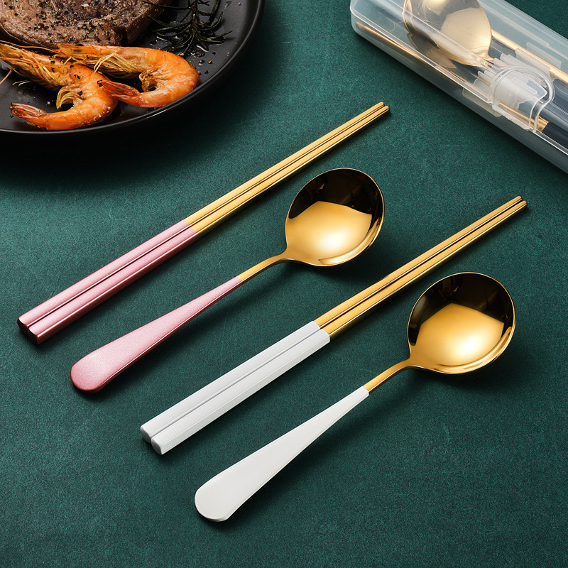 304 Stainless Steel Tableware Set Net Red Portugal Portable Set Spoon Chopsticks Travel Work Gift Tableware