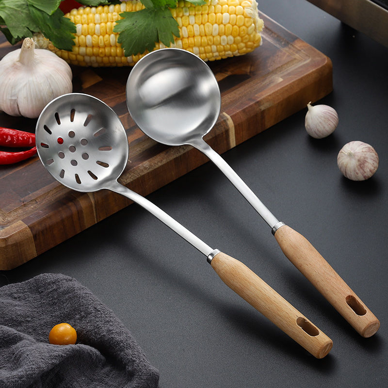 304 Thickened Stainless Steel Soup Ladle Small Hot Pot Spoon Kitchenware Set Household Solid Wood Handle Colander Porridge Spoon Kitchen