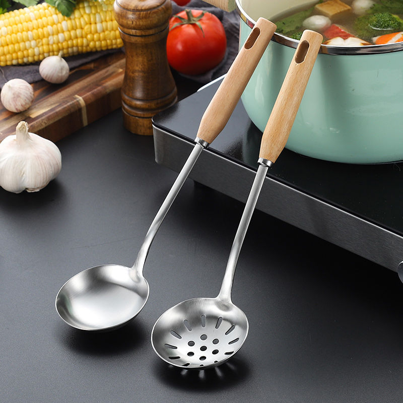 304 Thickened Stainless Steel Soup Ladle Small Hot Pot Spoon Kitchenware Set Household Solid Wood Handle Colander Porridge Spoon Kitchen