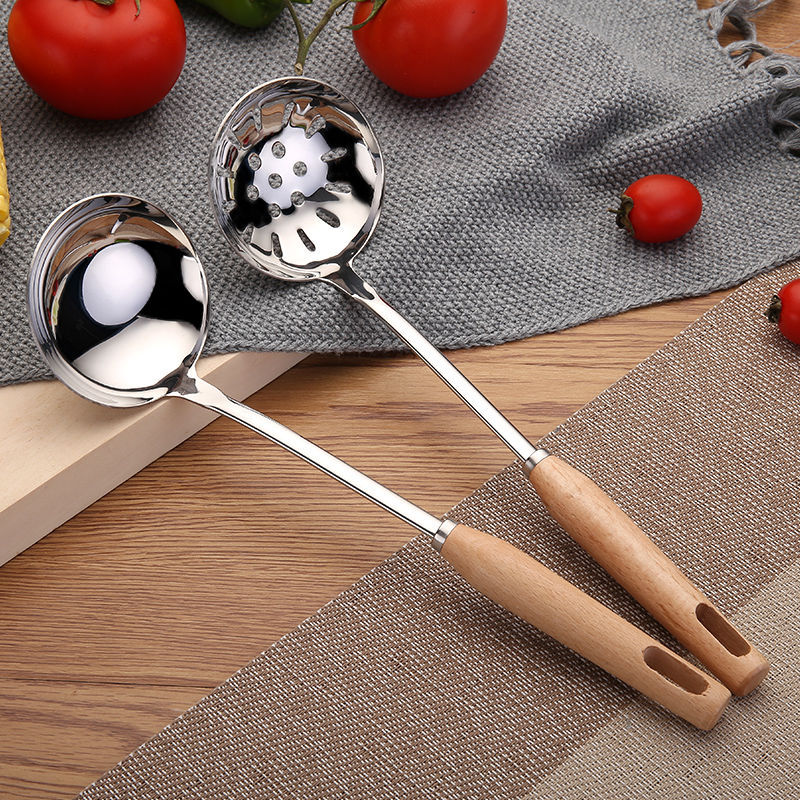 304 Thickened Stainless Steel Soup Ladle Small Hot Pot Spoon Kitchenware Set Household Solid Wood Handle Colander Porridge Spoon Kitchen
