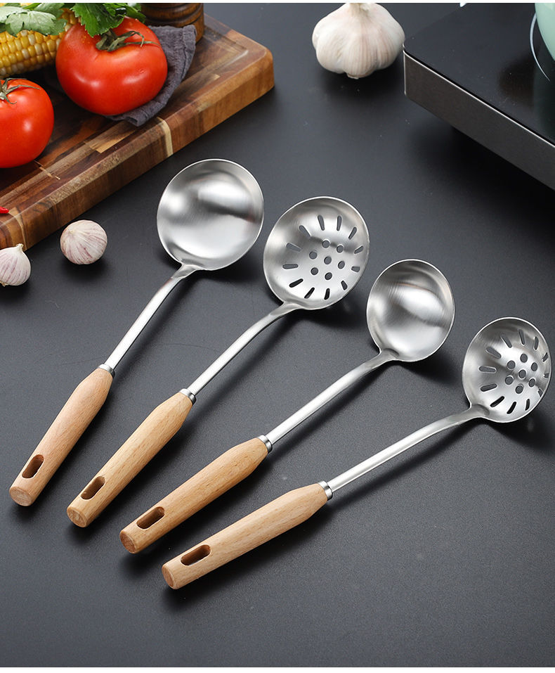 304 Thickened Stainless Steel Soup Ladle Small Hot Pot Spoon Kitchenware Set Household Solid Wood Handle Colander Porridge Spoon Kitchen
