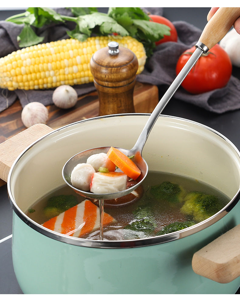 304 Thickened Stainless Steel Soup Ladle Small Hot Pot Spoon Kitchenware Set Household Solid Wood Handle Colander Porridge Spoon Kitchen