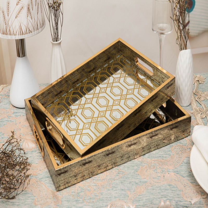 Nordic Rectangular Fruit Tray Glass Gold Carving Retro Family Decorative Tray Simple Retro Mirror Decorative Tray