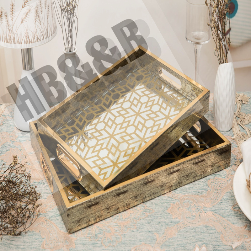 Nordic Rectangular Fruit Tray Glass Gold Carving Retro Family Decorative Tray Simple Retro Mirror Decorative Tray