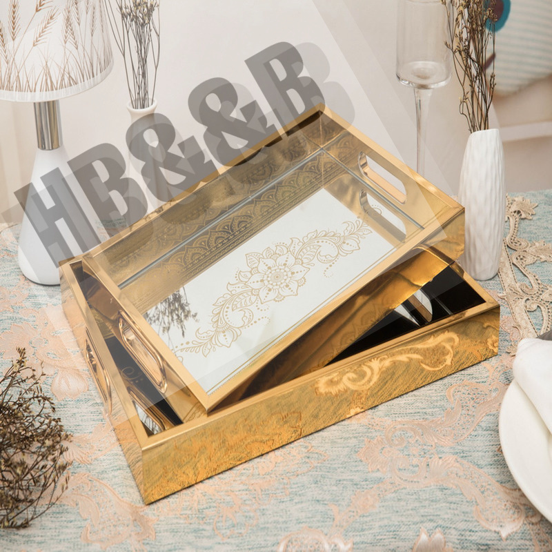 Nordic Rectangular Fruit Tray Glass Gold Carving Retro Family Decorative Tray Simple Retro Mirror Decorative Tray