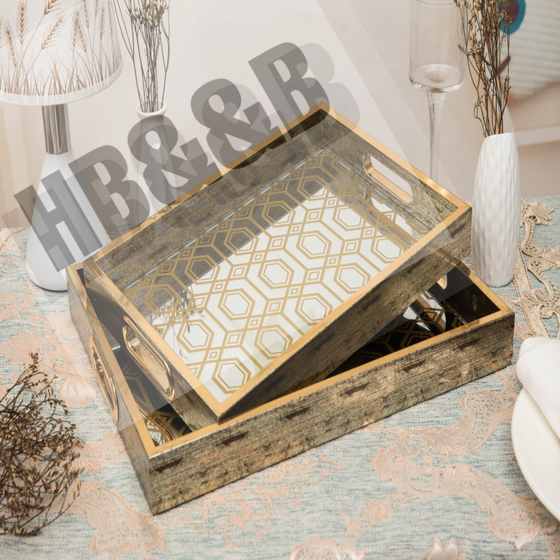 Nordic Rectangular Fruit Tray Glass Gold Carving Retro Family Decorative Tray Simple Retro Mirror Decorative Tray