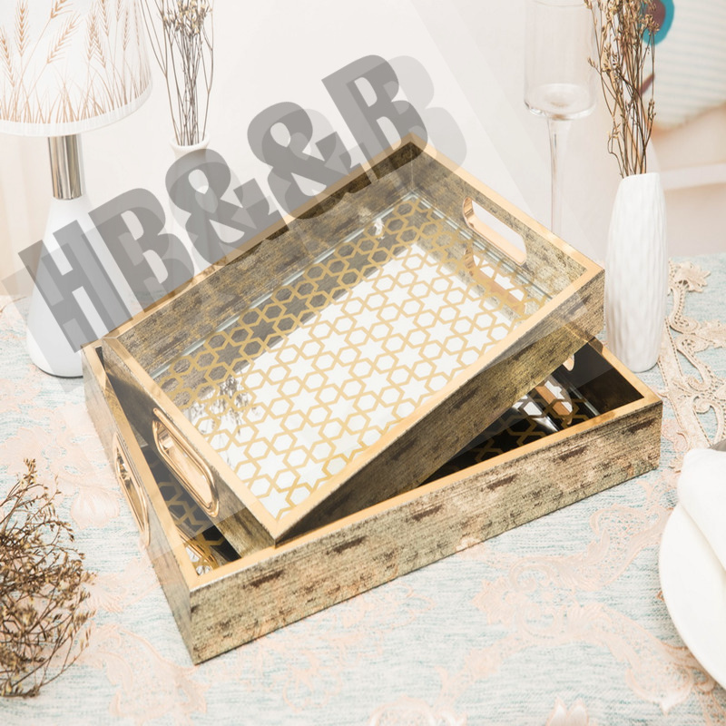 Nordic Rectangular Fruit Tray Glass Gold Carving Retro Family Decorative Tray Simple Retro Mirror Decorative Tray