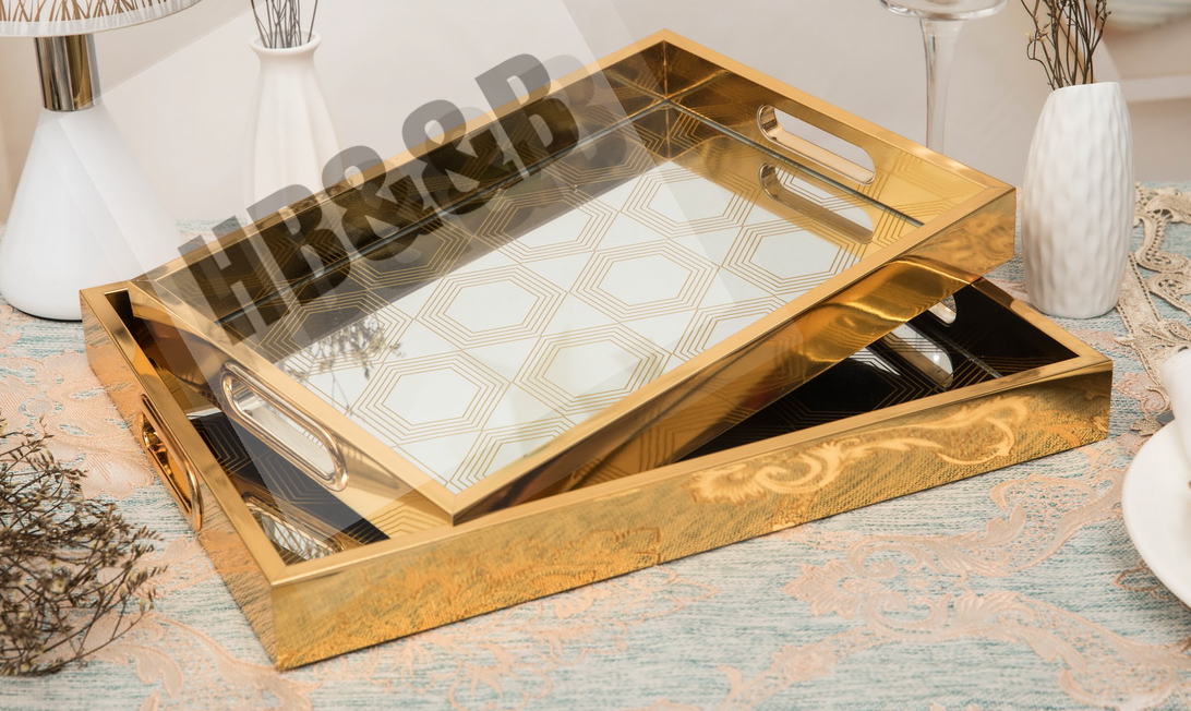 Nordic Rectangular Fruit Tray Glass Gold Carving Retro Family Decorative Tray Simple Retro Mirror Decorative Tray