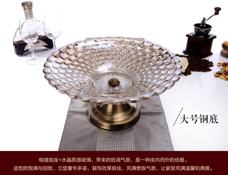 High style fruit tray with High foot Transparent Crystal glass and zinc Alloy Wedding Festive Gift soft loaded fruit tray High style fruit tray with High foot Transparent Crystal glass and zinc Alloy Wedding Festive Gift soft loaded fruit tray