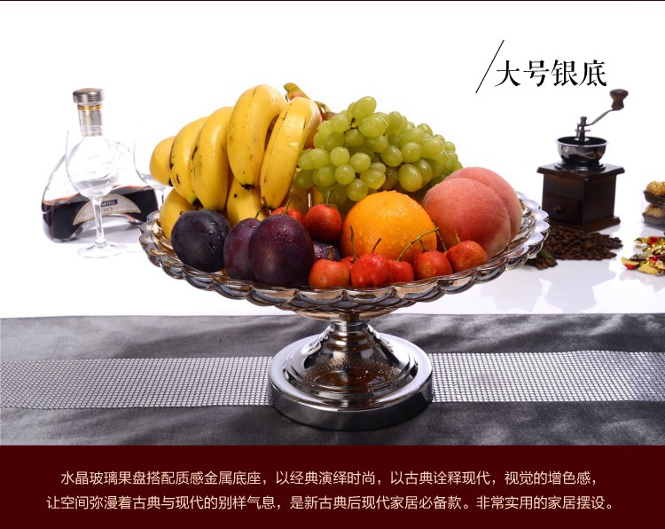 High style fruit tray with High foot Transparent Crystal glass and zinc Alloy Wedding Festive Gift soft loaded fruit tray High style fruit tray with High foot Transparent Crystal glass and zinc Alloy Wedding Festive Gift soft loaded fruit tray