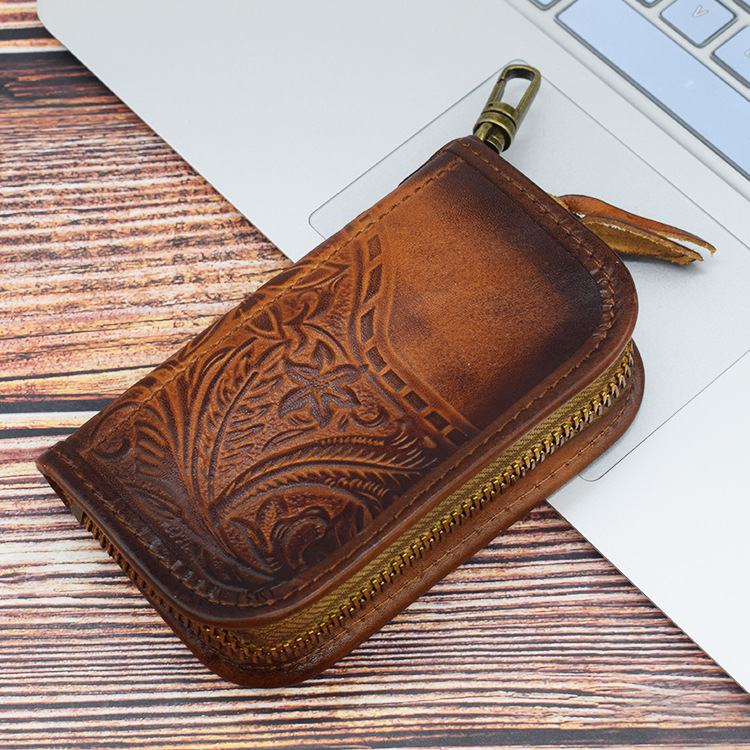 Vegetable Tanned Leather Embossed Creative Car Intelligent Remote Key Case Driving License Card Position SkeletonSkin