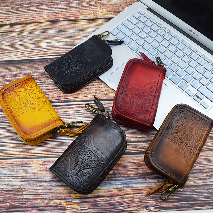 Vegetable Tanned Leather Embossed Creative Car Intelligent Remote Key Case Driving License Card Position SkeletonSkin