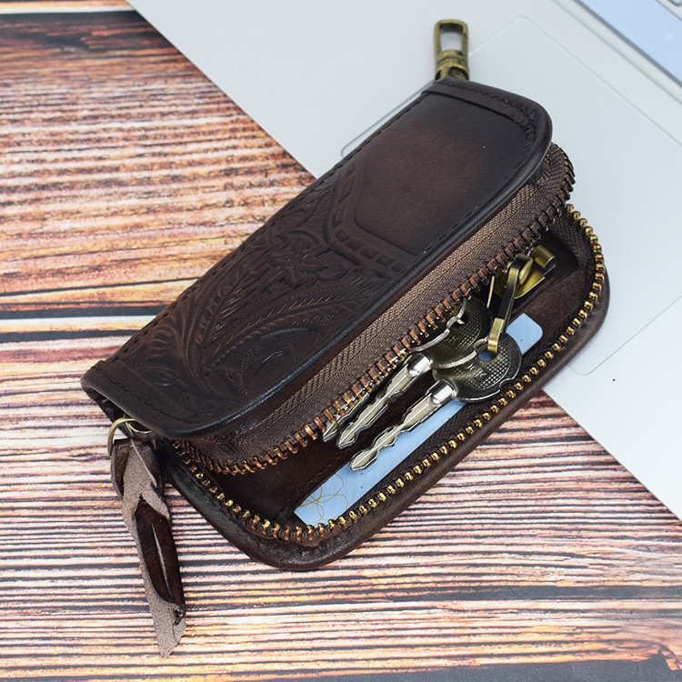 Vegetable Tanned Leather Embossed Creative Car Intelligent Remote Key Case Driving License Card Position SkeletonSkin