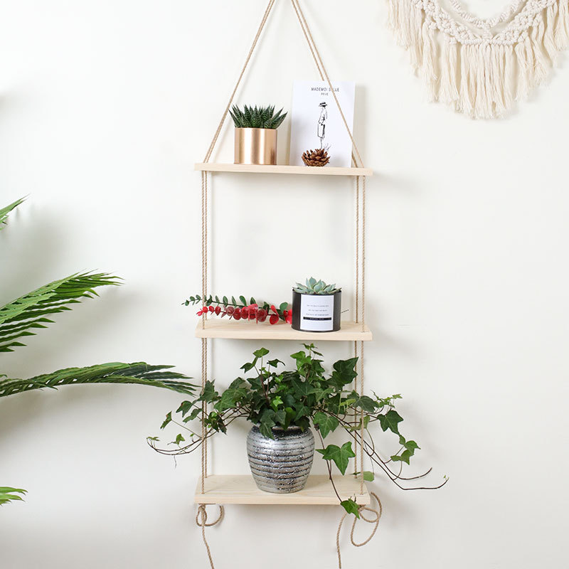 Factory Wall Decorations Hang Rope Storage Rack Flower Pot Storage Rack Nordic Wall Hanging Wooden Hanging Ornaments
