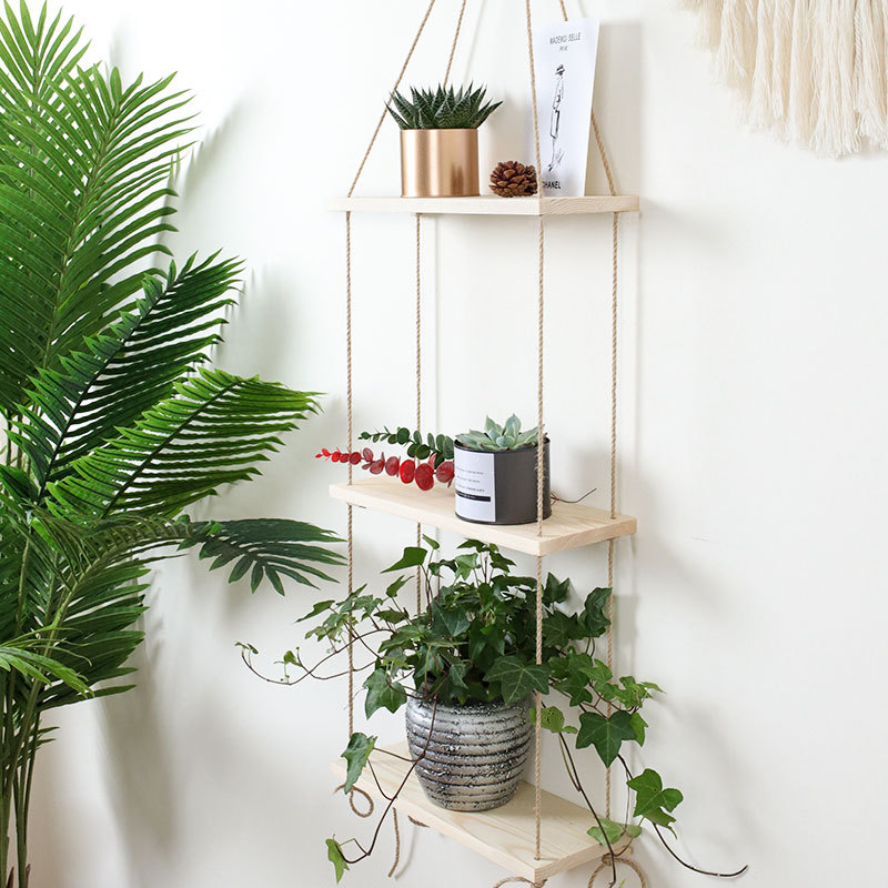 Factory Wall Decorations Hang Rope Storage Rack Flower Pot Storage Rack Nordic Wall Hanging Wooden Hanging Ornaments