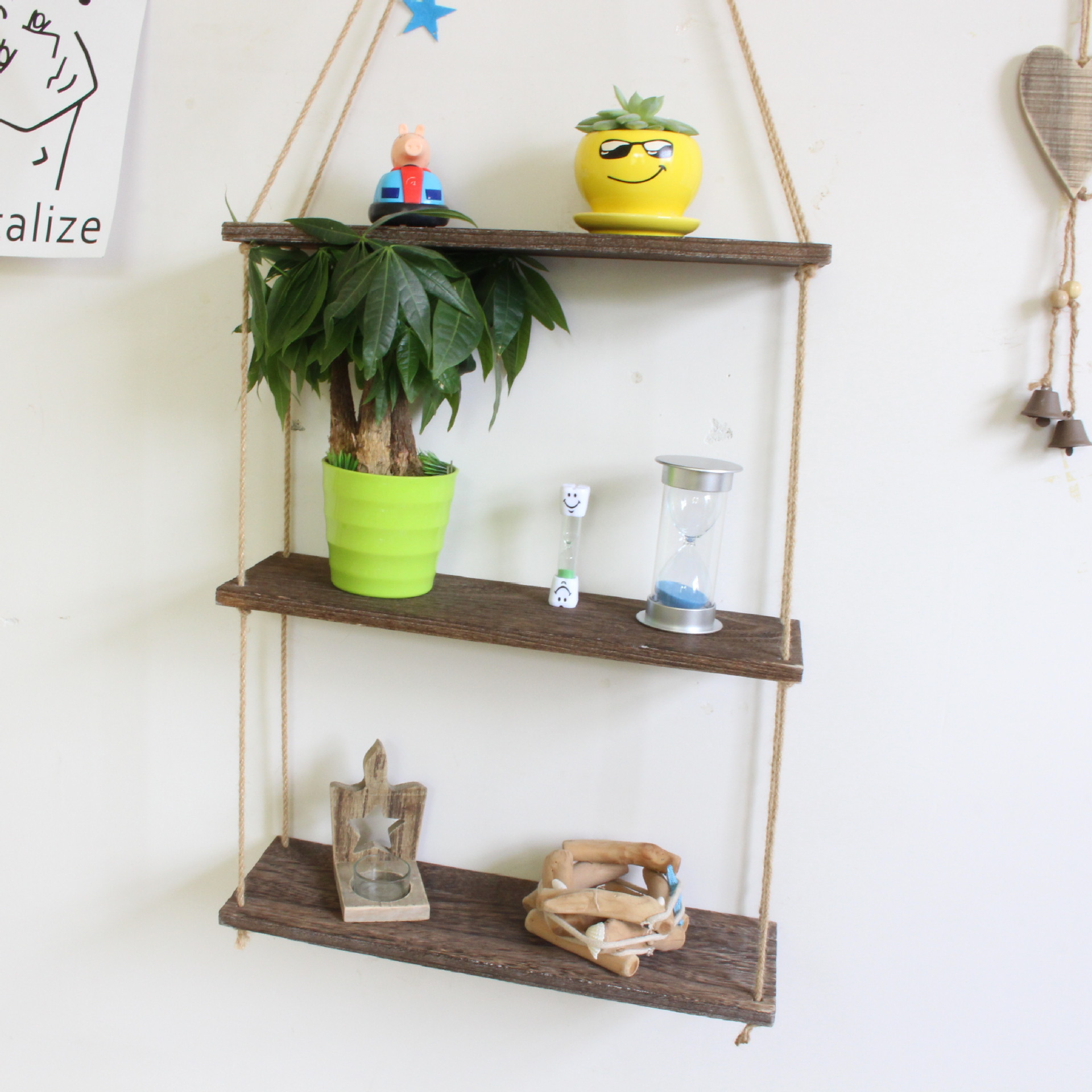 Factory Wall Decorations Hang Rope Storage Rack Flower Pot Storage Rack Nordic Wall Hanging Wooden Hanging Ornaments