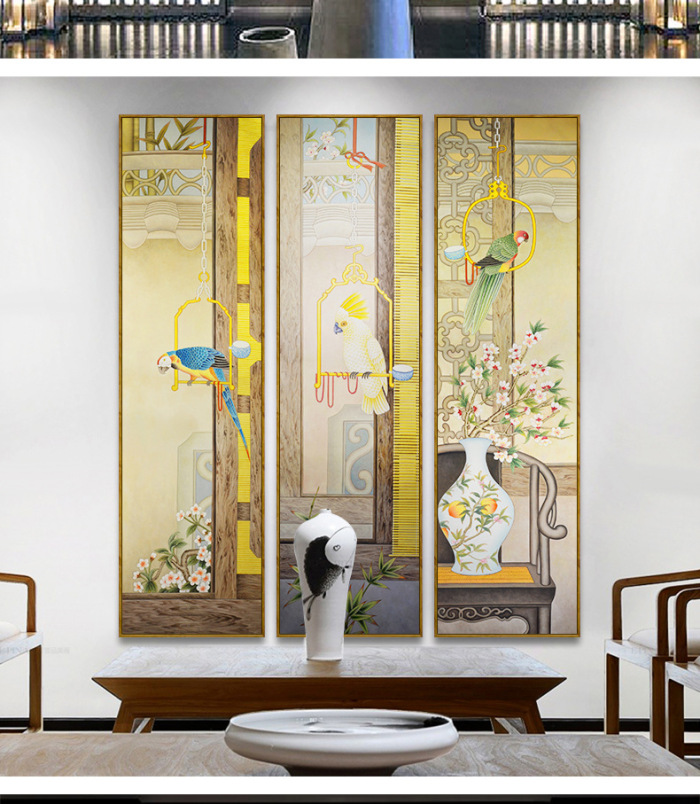 The new Chinese style sofa background wall four couplet hang a picture of The traditional Chinese painting of The living room in The living room ofa picture of The frame decoration.