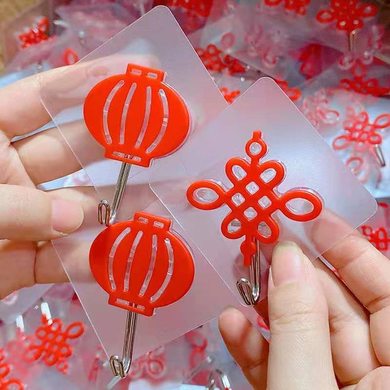 Strong Sticky Wall Hook Living Room Bedroom Seamless No-Punch Sticky Hook Red-Fu Character Chinese Knot Red Lantern Festive Sticky Hook
