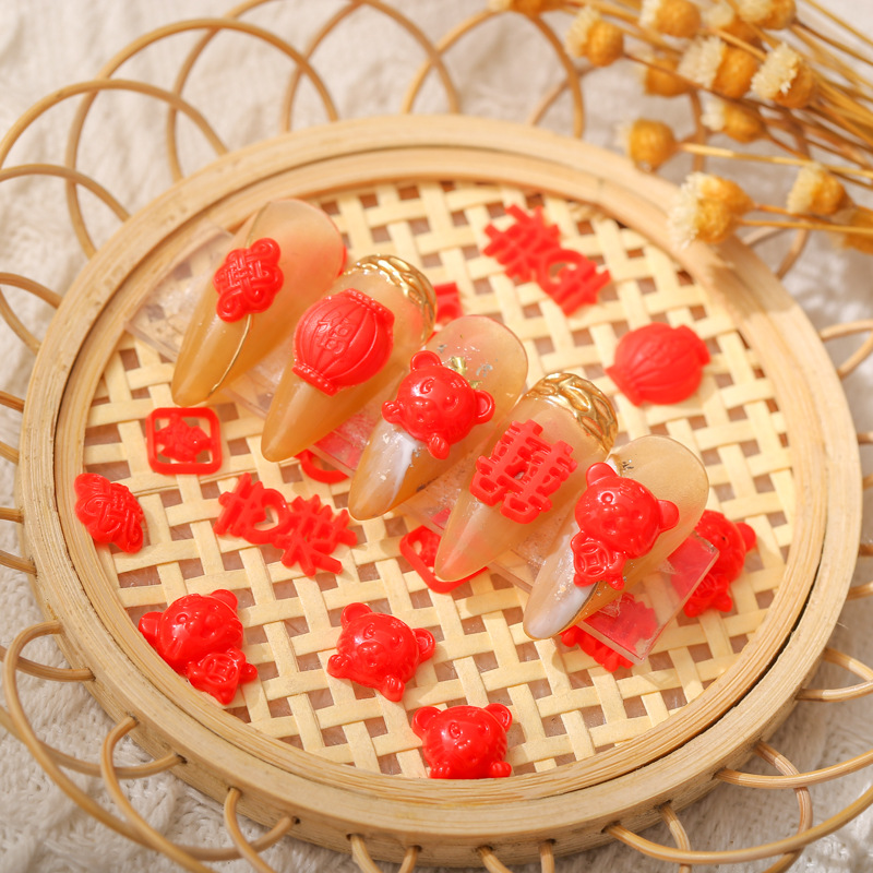 New Year Manicure Tiger Chinese Red Year of the Tiger Festive Lantern Chinese Knot Ping An Fu Character Resin Small Size Nail Jewelry New Year Manicure Tiger Chinese Red Year of the Tiger Festive Lantern Chinese Knot Ping An Fu Character Resin Small Size Nail Jewelry
