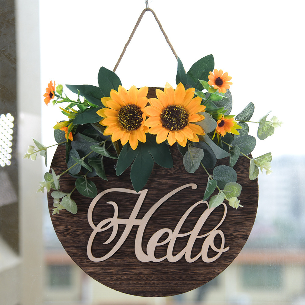 Cross-Border Wooden Doorplate Decoration Country American Sunflower Hanging Home Wall Decoration Pendant Hello Doorplate